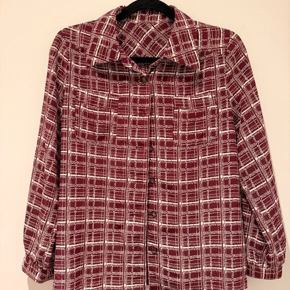 Tops - ✨ Vintage 70s Burgundy Geometric Button-Up Blouse | Retro Dagger Collar | M
